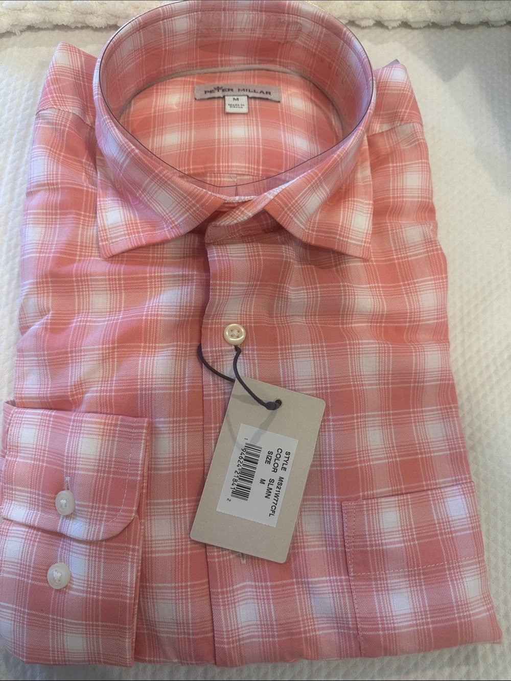 Peter Millar Coral & White Plaid Dress Shirt